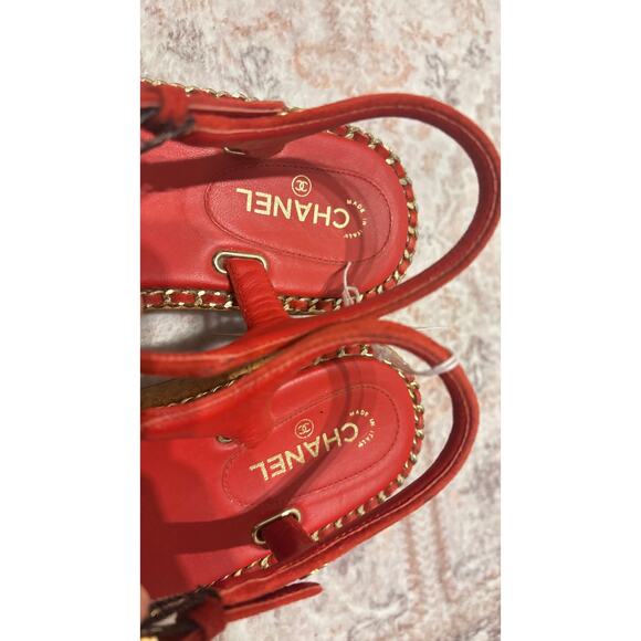 Chanel Red Suede Chain Trim Cork Platform Sandals Ankle Strap CC Logo Size 36.5C - Picture 4 of 7